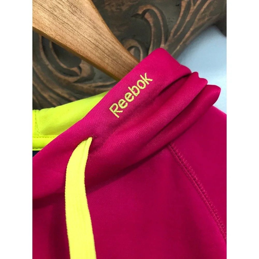 Reebok Womens Sweater Sz Medium Hot Pink Hoodie Pullover Neon Yellow Active Top - Picture 2 of 9